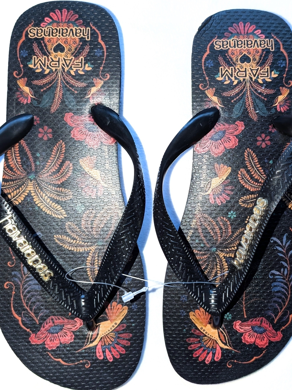 FARM Rio x Havaianas Black Tropical Bird Floral Flip Flop Sandals Size 9/10